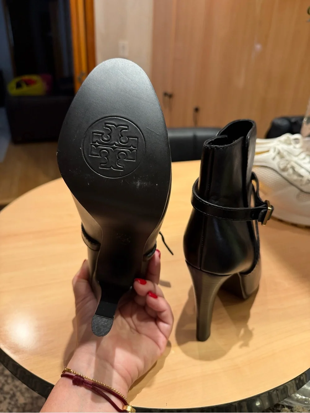 Tory Burch Black Leather High-Heel Ankle Boots with Buckle Strap